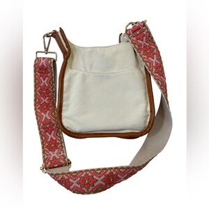 AhDorned Cream Canvas Crossbody Bag Embroidered Strap Boho